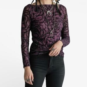 Vintage Purple Floral Mesh Fairycore Long Sleeve Boat Neck Top Sz XS